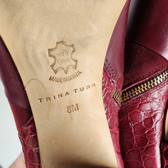 Trina Turk Los Gatos Croc Leather Heels Wine Color Zip Peep Toe 8M - Picture 9 of 11